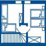 Übersichtsplan einer Wohnung mit Schlafzimmer, Wohnbereich und Küche.