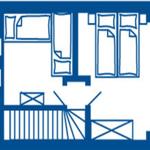 Zwei Schlafzimmer, eine Küche und eine Terrasse mit Gartenzaun.