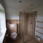 Badezimmer mit Dusche, Toilette und Heizkörper an der Wand.