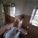Badezimmer mit Waschbecken, Toilette und Dusche. Fenster mit Blick auf Garten.