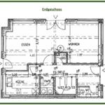 Erdgeschossplan mit Küche, Essbereich, Wohnzimmer, Bad und WC.