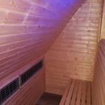 Sauna mit Holzwand, Sitzbänken und Lüftungsgitter.