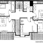 Dachgeschoss mit Schlafzimmer, Sauna und Bad. Treppenhaus und separate Toilette.