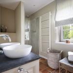 Badezimmer mit zwei Waschbecken, Dusche und Fenster mit Pflanze.