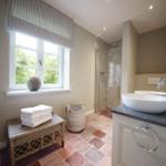 Badezimmer mit Dusche, Waschbecken und Fenster mit Blick auf Grün.