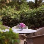Runder Tisch mit Stühlen und Blumen im Garten.