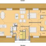 Erdgeschossplan mit Küche, Sauna, Schlafsofa und Schlafzimmer