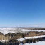 Schneebedecktes Feld unter blauem Himmel mit Straße und Laterne im Vordergrund.