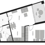 Wohnung mit Wohnzimmer, Küche, Schlafzimmer, Bad und Loggia.