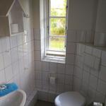 Badezimmer mit Toilette, Waschbecken und Fenster zur Außenansicht.