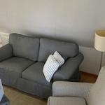 Grauer Sofa mit gestreiften Kissen, Stehlampe und Holzboden.