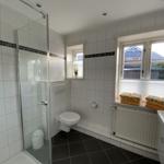 Badezimmer mit Dusche, Toilette und Waschbecken. Fenster mit Handtüchern.