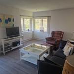 Wohnzimmer mit Sofa, Sessel, Fernseher und Fenster.