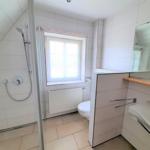 Badezimmer mit Dusche, Toilette und Waschbecken. Fenster und Spiegel sichtbar.