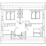 Zweistöckige Wohnung mit zwei Schlafzimmern, Bad und Treppe.