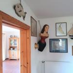 Eingangsbereich mit Holztür, Wanddekoration und Blick in Wohnzimmer mit Schrank.