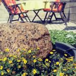 Terrasse mit Garten, Sitzgelegenheiten und Grillplatz.