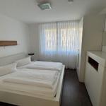 Bedroom with double bed, window with curtains, and closet.