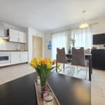 Küche, Essbereich und Wohnzimmer mit Fernseher und Blumen.