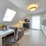Living kitchen with bedroom, skylight, and TV. Modern furnishings.