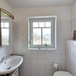 Bathroom with sink, toilet, and window with glass panels.