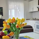 Kitchen and living area with flowers, fruit, and TV.