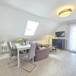 Living and dining area with seating, dining table, TV, and skylight.