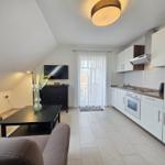 Living kitchen with sleeping area, TV, and balcony access.