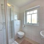 Bathroom with shower, toilet, and sink. Window with plants.