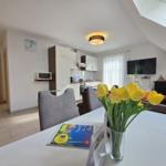 Living kitchen with dining table, TV, and cabinets under sloped ceiling