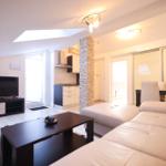 Wohnzimmer mit Sofa, Couchtisch und TV. Küche und Schlafzimmer sind sichtbar.