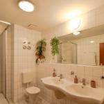 Badezimmer mit Dusche, Toilette und Doppelwaschbecken.