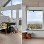 Wohnzimmer mit Sitzgelegenheit und Blick aufs Meer. Essbereich mit Fensterblick auf die Küste.