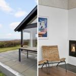 Terrasse mit Meerblick und Innenraum mit Kamin und Stuhl.