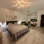 Schlafzimmer mit Bett, Wohnbereich und Küche im offenen Raum.