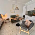 Wohnbereich mit Schlafsofa, Esstisch und Küche. Wandbilder und Pendelleuchte.