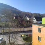 Blick auf Wohngebiet mit grüner Fassade und Berg im Hintergrund.