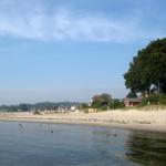 Strand mit Sand, Wasser, Bäumen und einem orangefarbenen Rutschbrett.
