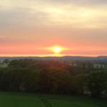 Sonnenuntergang über Feldern und Bäumen