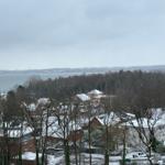 Schneebedeckte Dächer und Bäume mit Blick auf einen See.