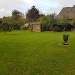 Grüner Garten mit Feuerkorb, kleinem Holzschuppen und Bäumen.