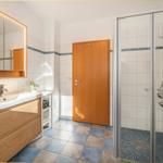 Bad mit Dusche, Waschbecken und Spiegel