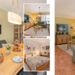 Wohnung mit Essbereich, Schlafzimmer und Wohnzimmer mit Sofa und Fernseher.
