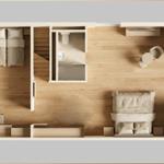 Zwei Schlafzimmer, Bad und Wohnbereich mit Tisch und Stühlen.