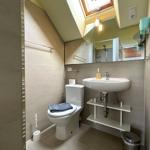 Badezimmer mit Toilette, Waschbecken und Dusche unter Dachschrägen.