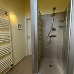 Dusche mit Glaswand, Duschbrause und Ablage, daneben Heizkörper an gelber Wand.