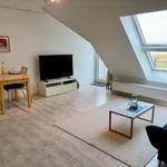 Wohnraum mit TV, Schreibtisch und Dachfenster mit Blick auf Grünfläche.