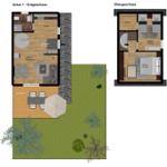 Erdgeschoss mit Küche, Wohnbereich und Terrasse. Obergeschoss mit Schlafzimmern und Heizung.