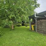 Grüner Garten mit Baum, Holzverkleidung und Müllcontainern unter Dach.