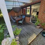 Terrasse mit Tisch, Stühlen und hängender Pflanze. Durchgang ins Haus mit Blick in Wohnzimmer.